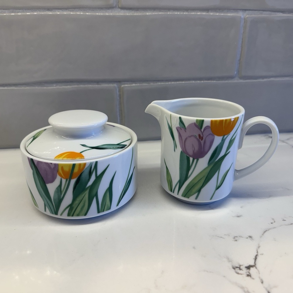 Studio Nova Flourish Tulip Print Sugar‎ Bowl with Lid & Matching Creamer